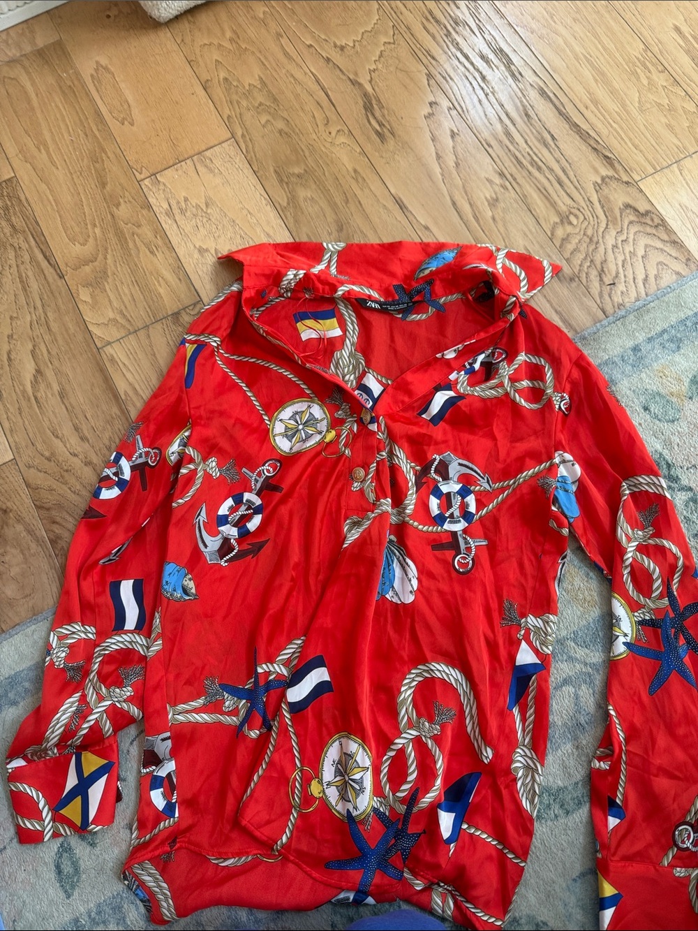 Zara Red Nautical Print Button-Down Shirt